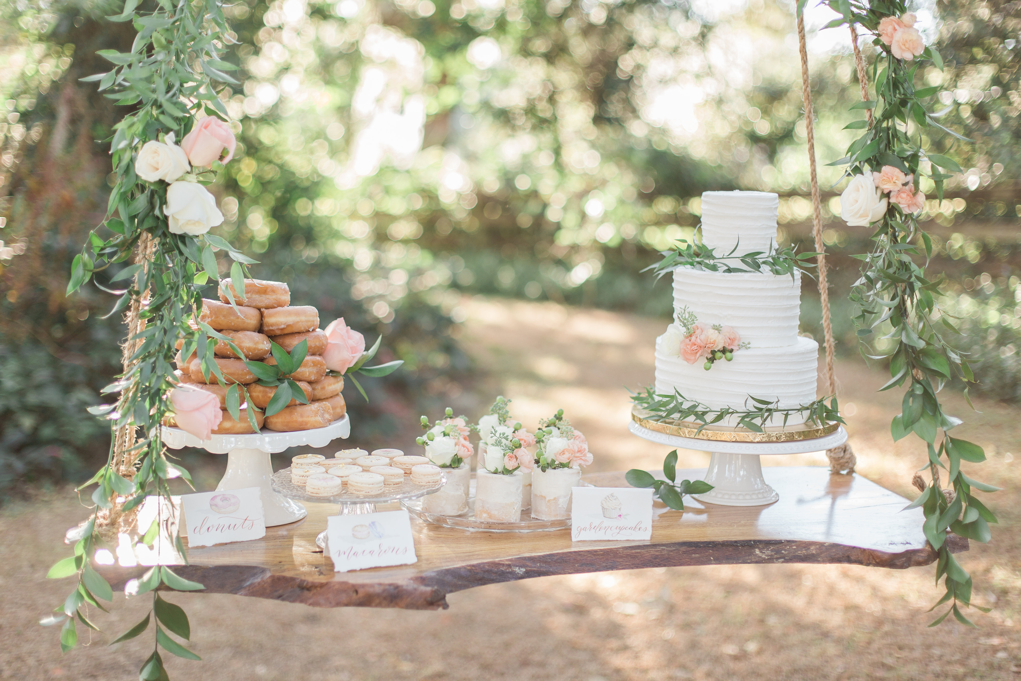 Southern Garden Chic Wedding Inspiration, garden wedding, cake swing, rustic wedding dessert table, rustic wedding