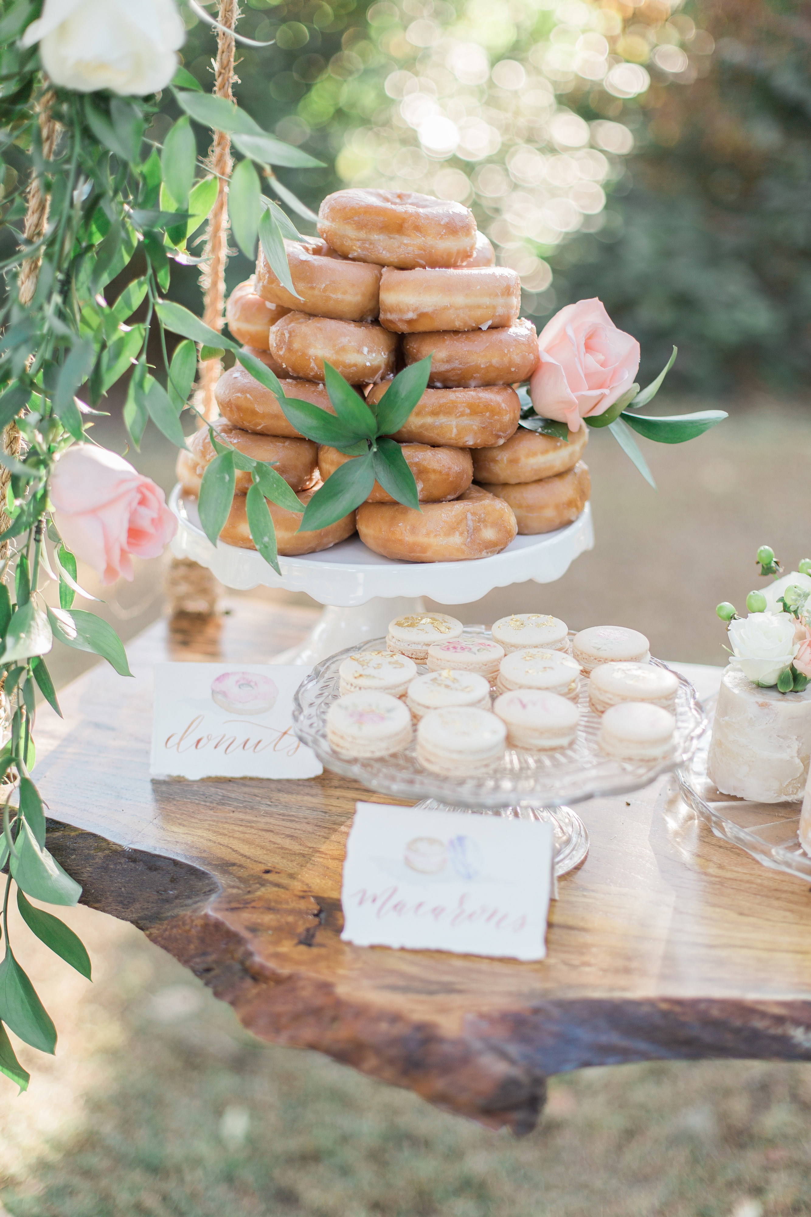 Southern Garden Chic Wedding Inspiration, garden wedding, cake swing, rustic wedding dessert table, rustic wedding