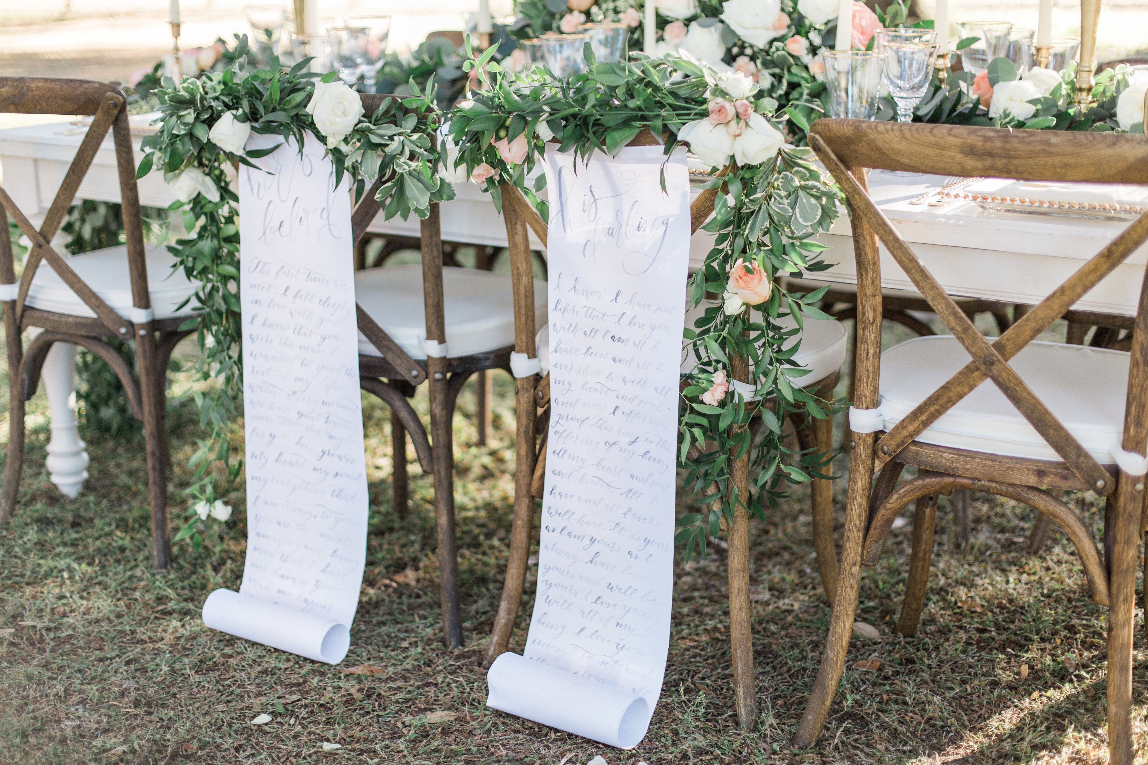 Southern Garden Chic Wedding Inspiration, garden wedding reception, reception chair scrolls